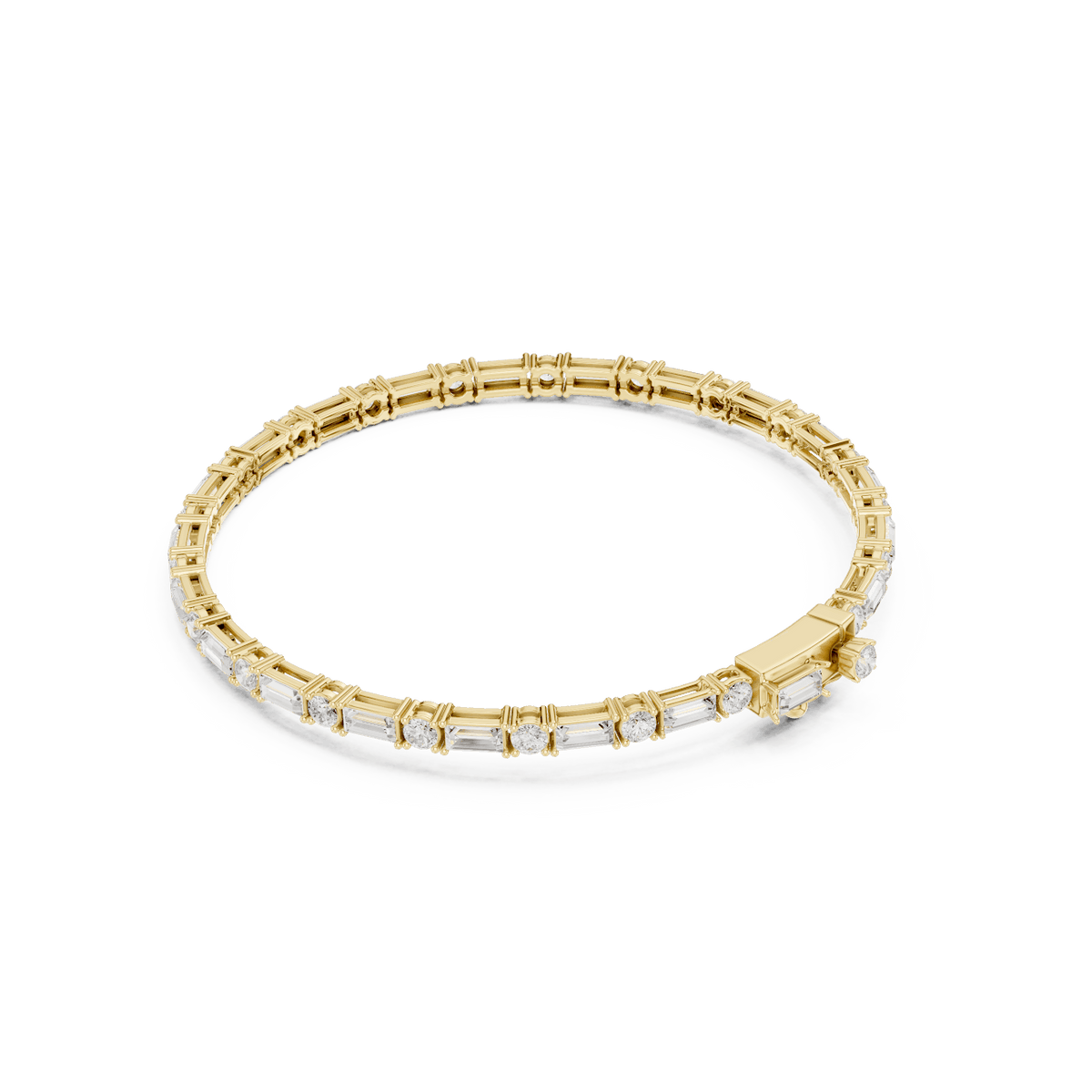 Baguette and round diamond tennis bracelet featuring alternating brilliant-cut stones with a secure box clasp by Orova Jewels.