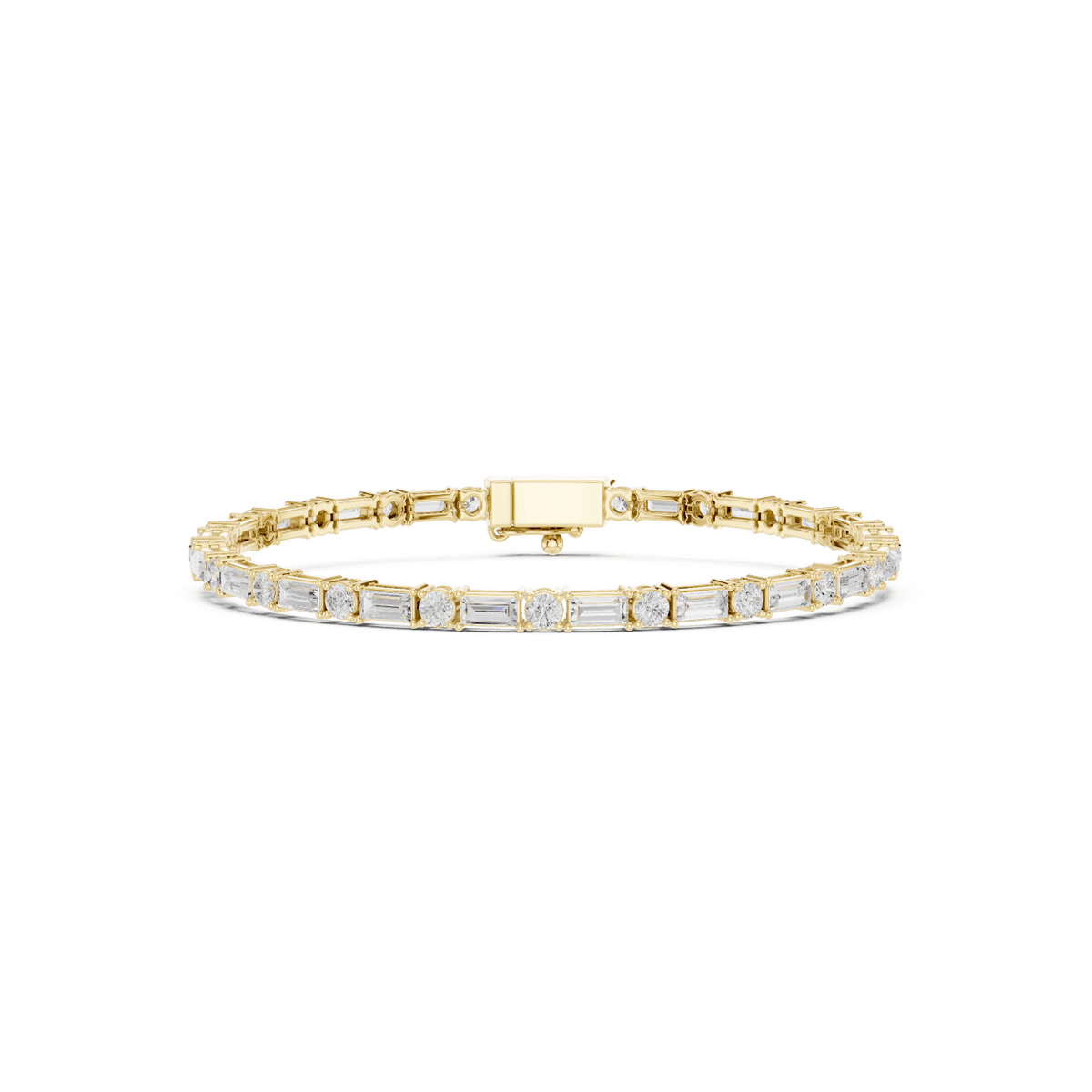 Baguette and round diamond tennis bracelet featuring alternating brilliant-cut stones with a secure box clasp by Orova Jewels.