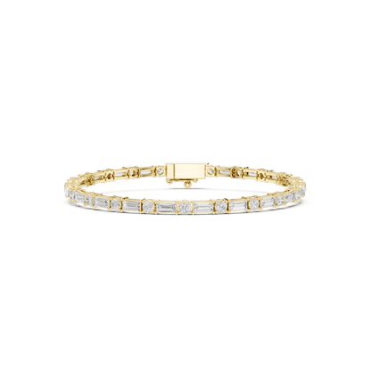 Baguette and round diamond tennis bracelet featuring alternating brilliant-cut stones with a secure box clasp by Orova Jewels.