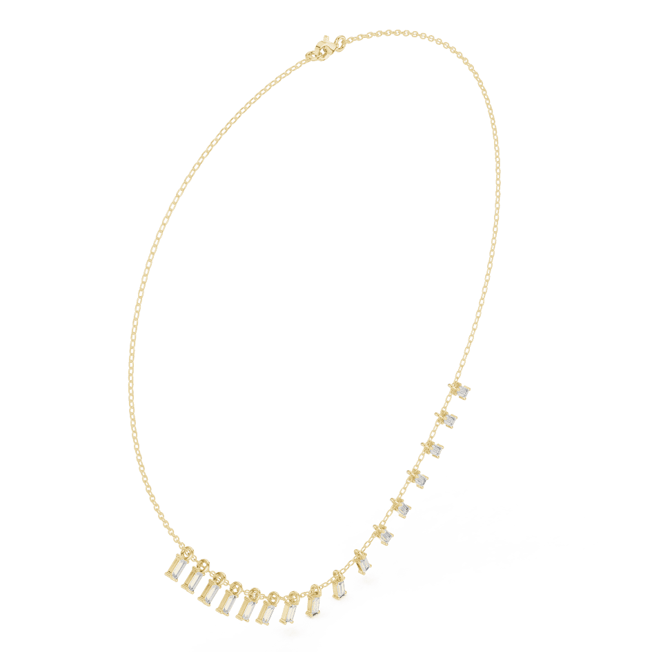 Baguette diamond fringe necklace featuring elegant geometric stone drops on a delicate chain by Orova Jewels.