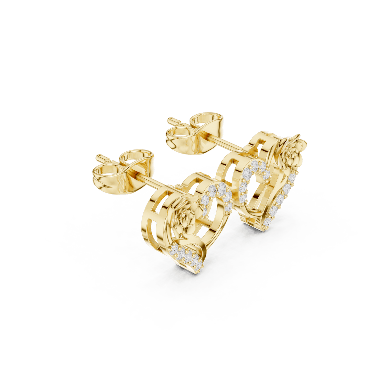 Heart diamond stud earrings featuring an elegant open-heart design with sparkling stone accents and secure push-back closures by Orova Jewels.