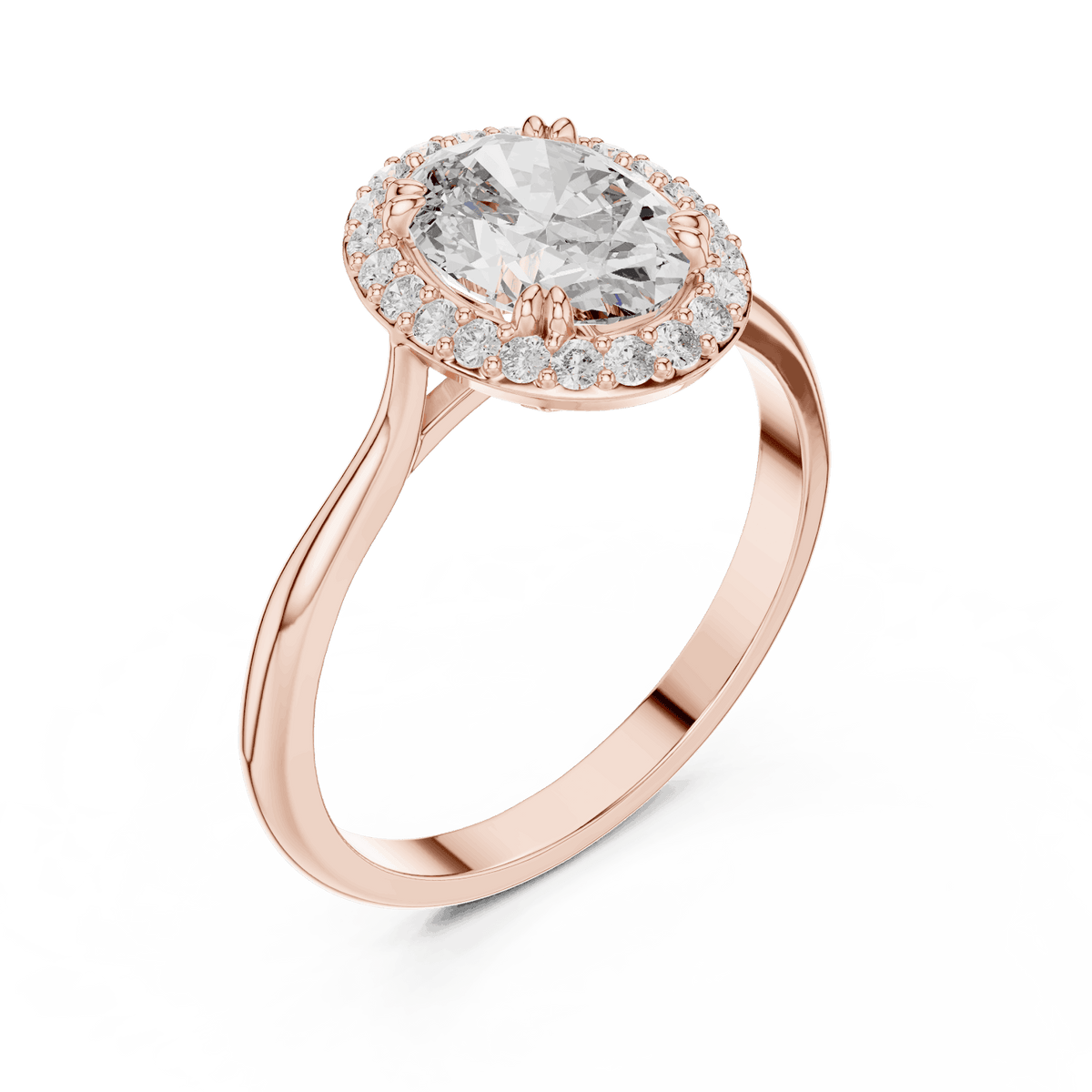 Classic halo diamond engagement ring featuring a brilliant round-cut center stone surrounded by a sparkling halo in a sleek cathedral-style setting by Orova Jewels.