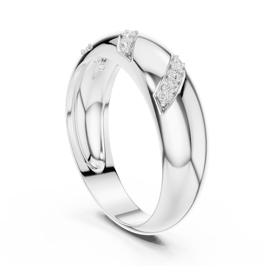 Twisted diamond accent band ring featuring a polished crossover design with sparkling round diamond clusters by Orova Jewels.