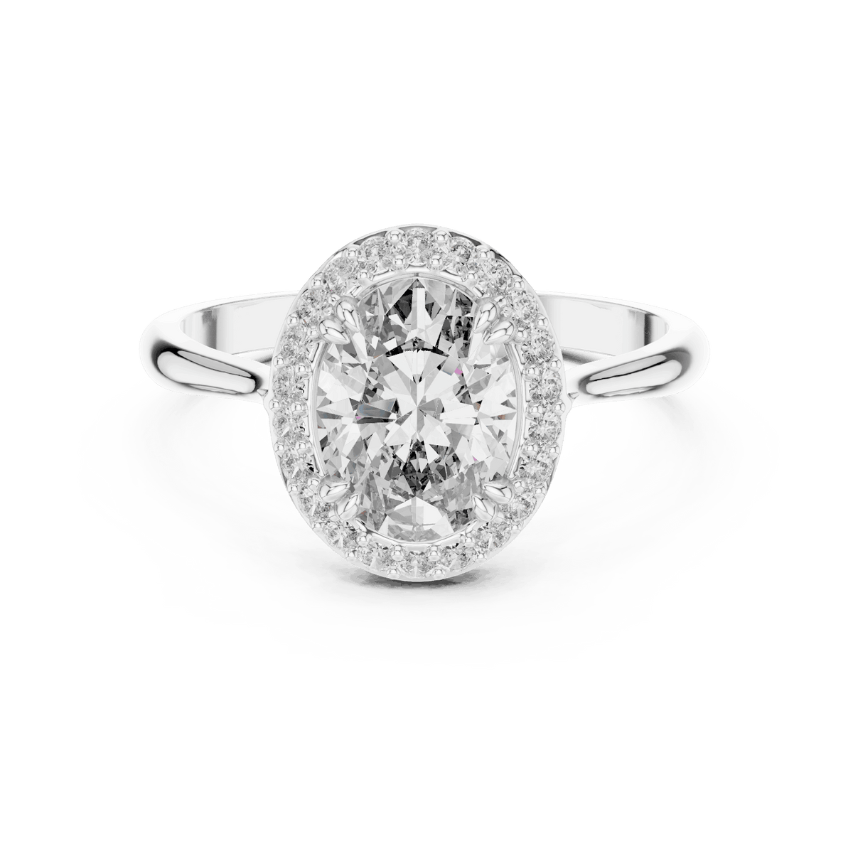 Classic halo diamond engagement ring featuring a brilliant round-cut center stone surrounded by a sparkling halo in a sleek cathedral-style setting by Orova Jewels.