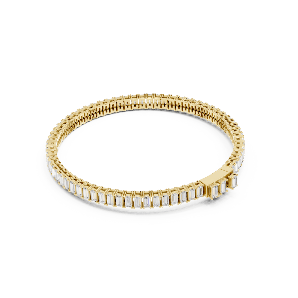 Emerald-cut diamond tennis bracelet featuring a continuous row of sparkling rectangular stones with a secure box clasp by Orova Jewels.