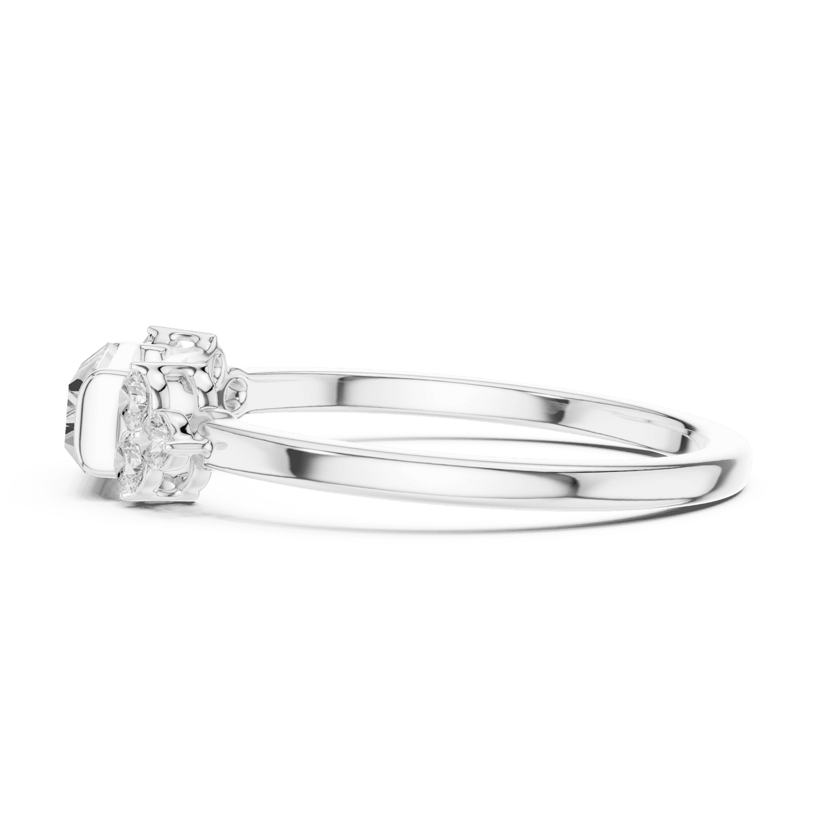 Emerald Cut Diamond Three-Stone Engagement Ring featuring an emerald-cut center stone with round diamond side accents on a polished band by Orova Jewels.