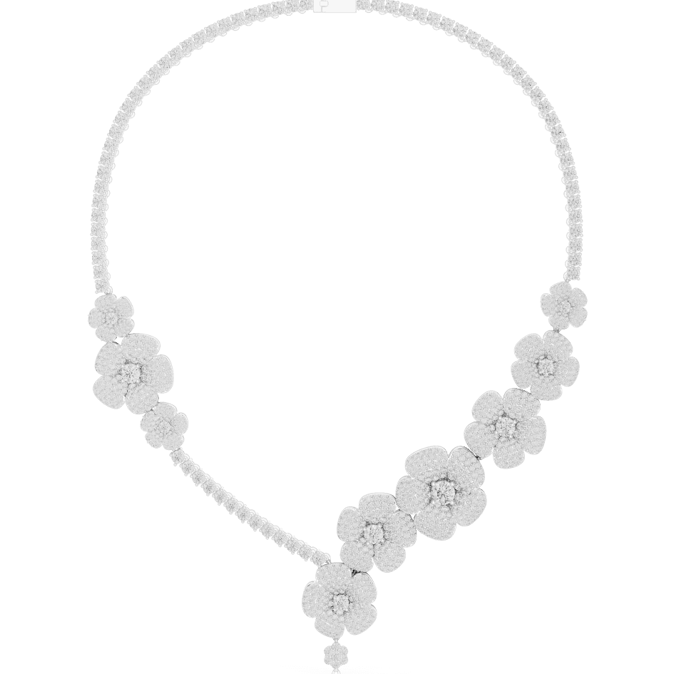 Floral diamond statement necklace featuring sparkling flower motifs and an elegant drop centerpiece by Orova Jewels.