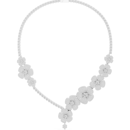 Floral diamond statement necklace featuring sparkling flower motifs and an elegant drop centerpiece by Orova Jewels.