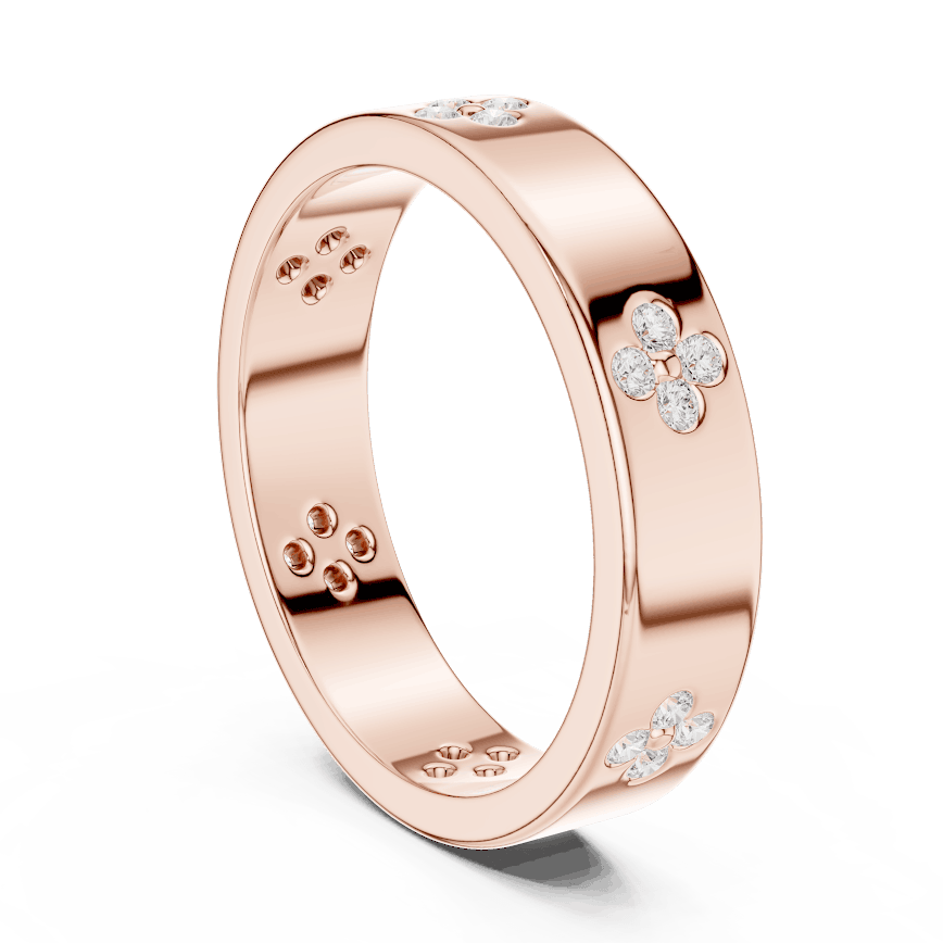 Floral Diamond Comfort Fit Wedding Band featuring delicate round diamond flower clusters on a wide polished band by Orova Jewels.
