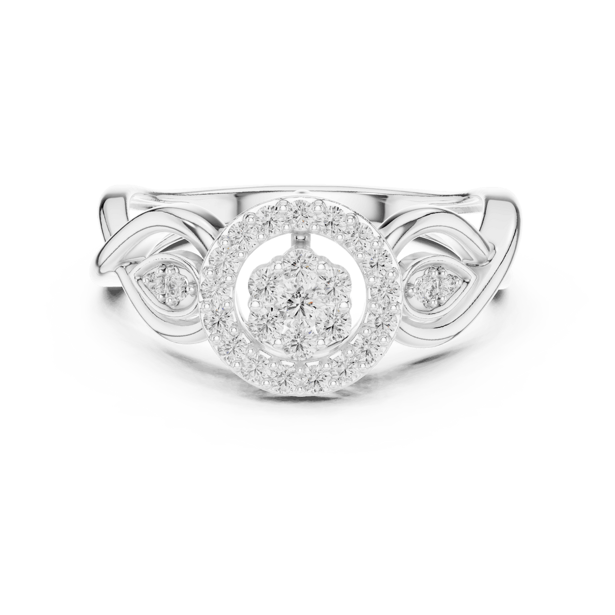 Floral halo diamond twist ring featuring a sparkling flower-inspired cluster center, halo setting, and elegant split-shank band by Orova Jewels.