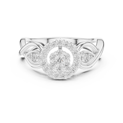 Floral halo diamond twist ring featuring a sparkling flower-inspired cluster center, halo setting, and elegant split-shank band by Orova Jewels.