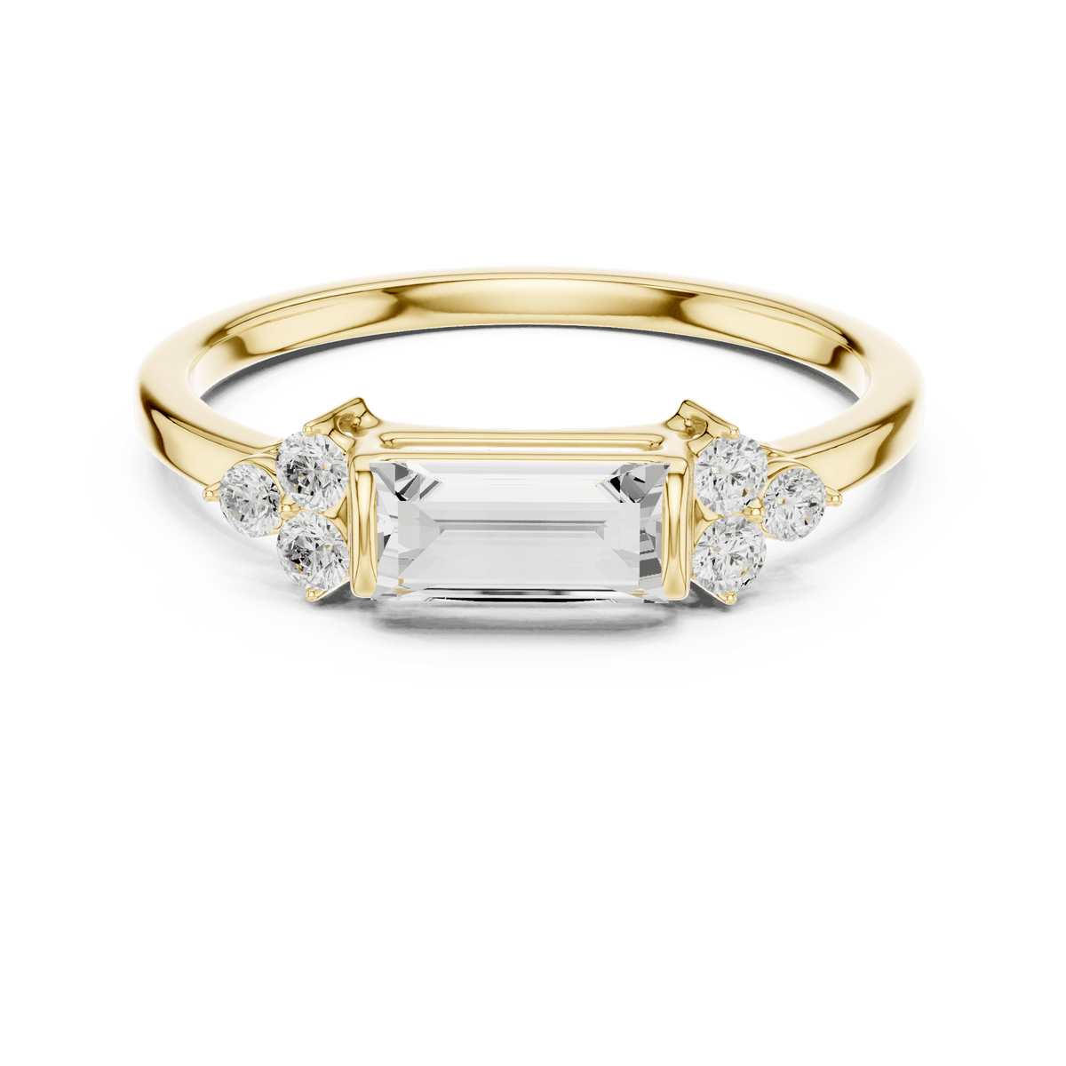 Emerald Cut Diamond Three-Stone Engagement Ring featuring an emerald-cut center stone with round diamond side accents on a polished band by Orova Jewels.