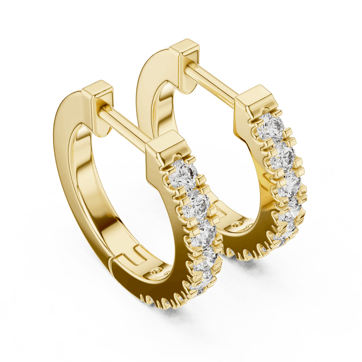 Diamond huggie hoop earrings featuring a row of sparkling round stones with a secure hinged closure by Orova Jewels.