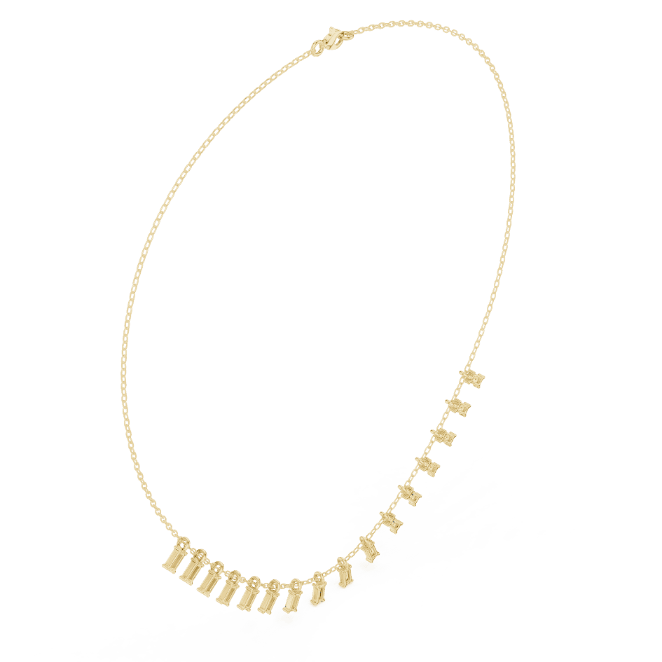 Baguette diamond fringe necklace featuring elegant geometric stone drops on a delicate chain by Orova Jewels.