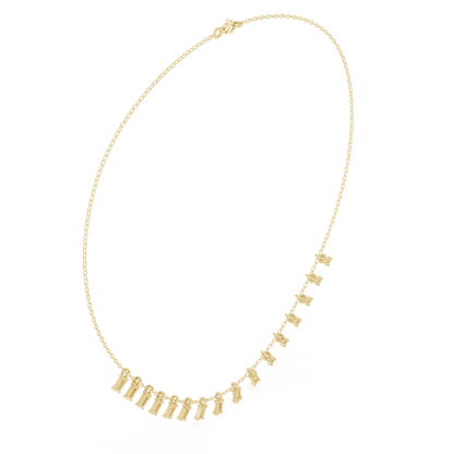 Baguette diamond fringe necklace featuring elegant geometric stone drops on a delicate chain by Orova Jewels.