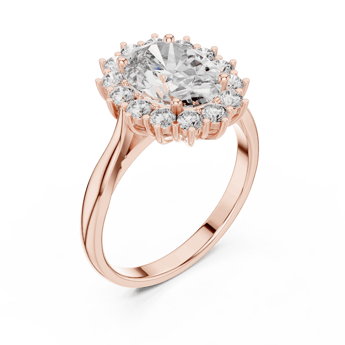 Floral halo solitaire diamond engagement ring featuring a brilliant round-cut center stone surrounded by a sparkling halo in an elegant cathedral-style setting by Orova Jewels.