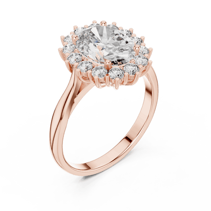 Floral halo solitaire diamond engagement ring featuring a brilliant round-cut center stone surrounded by a sparkling halo in an elegant cathedral-style setting by Orova Jewels.
