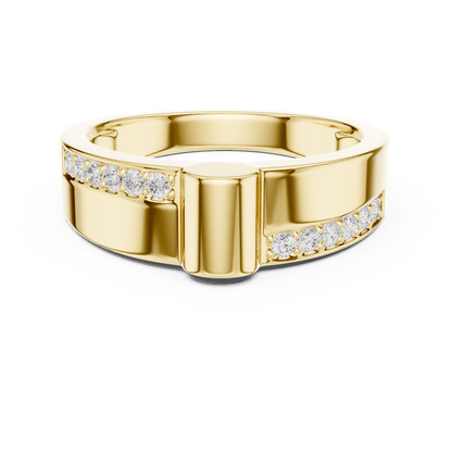 Modern channel-set diamond band ring with a sleek polished finish and sparkling accent stones by Orova Jewels.