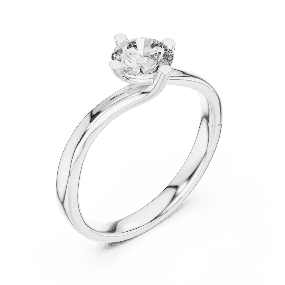 Twisted solitaire diamond engagement ring featuring a round-cut center stone in a four-prong setting with a sleek sculpted twisted band by Orova Jewels.
