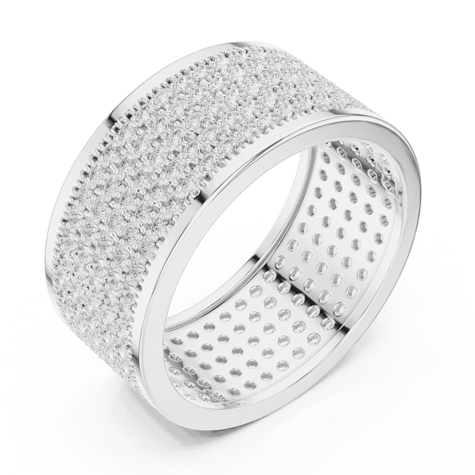 Luxury diamond pavé band ring featuring multiple rows of sparkling round diamonds on a wide polished band by Orova Jewels.
