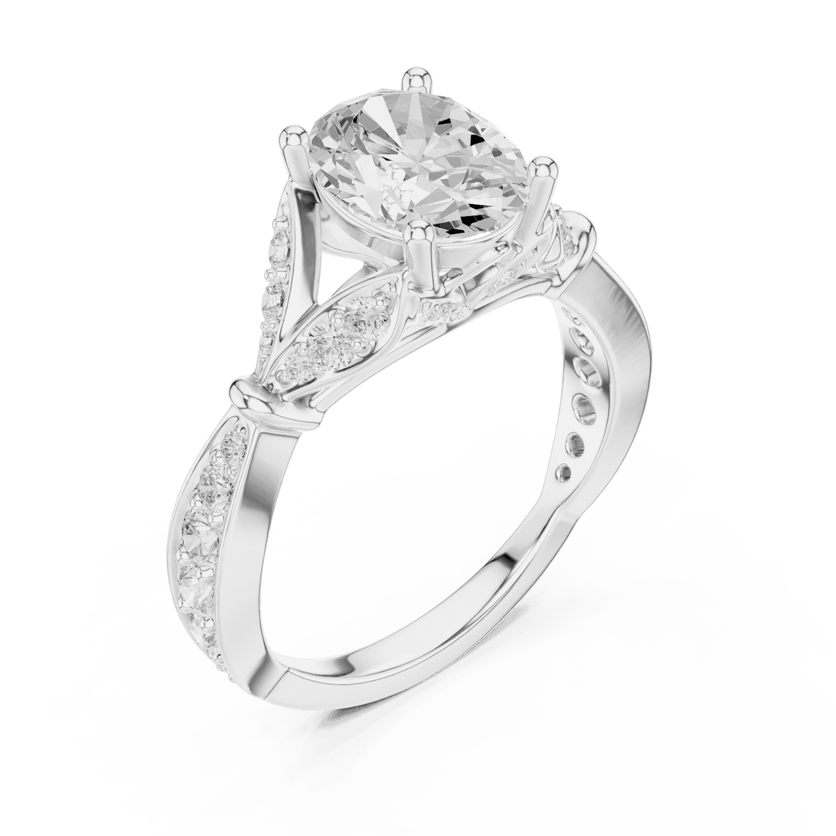Vintage Leaf Solitaire Diamond Engagement Ring featuring a round brilliant center stone, marquise leaf motifs, and pavé diamond accents on a polished band by Orova Jewels.