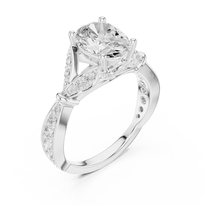 Vintage Leaf Solitaire Diamond Engagement Ring featuring a round brilliant center stone, marquise leaf motifs, and pavé diamond accents on a polished band by Orova Jewels.