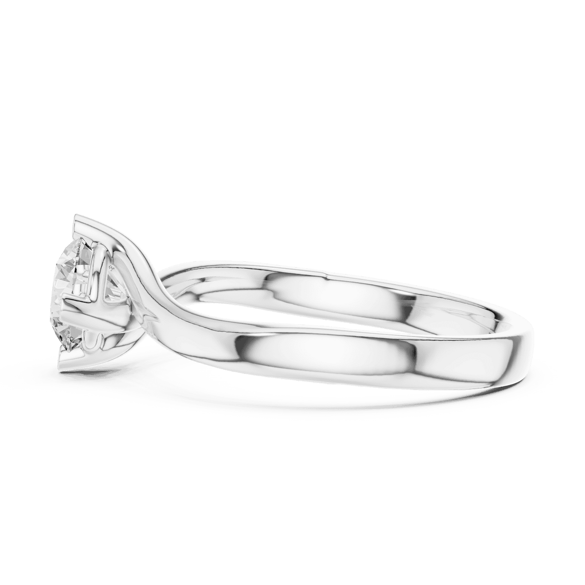 Twisted solitaire diamond engagement ring featuring a round-cut center stone in a four-prong setting with a sleek sculpted twisted band by Orova Jewels.
