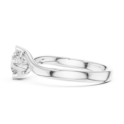 Twisted solitaire diamond engagement ring featuring a round-cut center stone in a four-prong setting with a sleek sculpted twisted band by Orova Jewels.