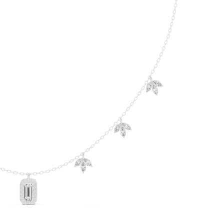 Emerald-cut diamond charm necklace featuring a delicate chain with sparkling station accents and a modern centerpiece by Orova Jewels.
