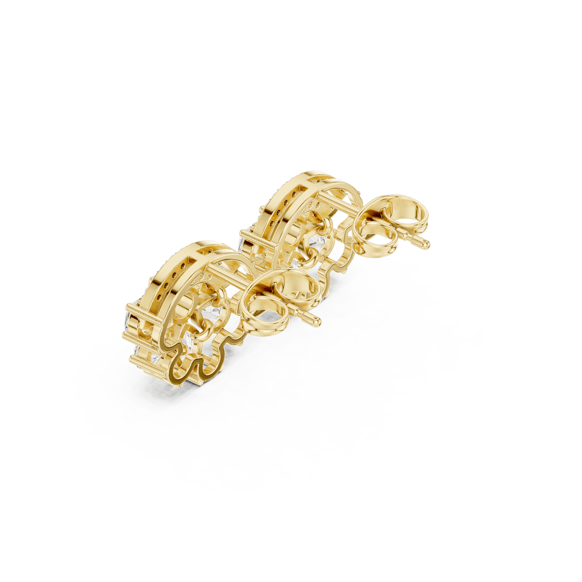 Baguette and round diamond cluster stud earrings featuring a modern geometric design with brilliant sparkling stones by Orova Jewels.