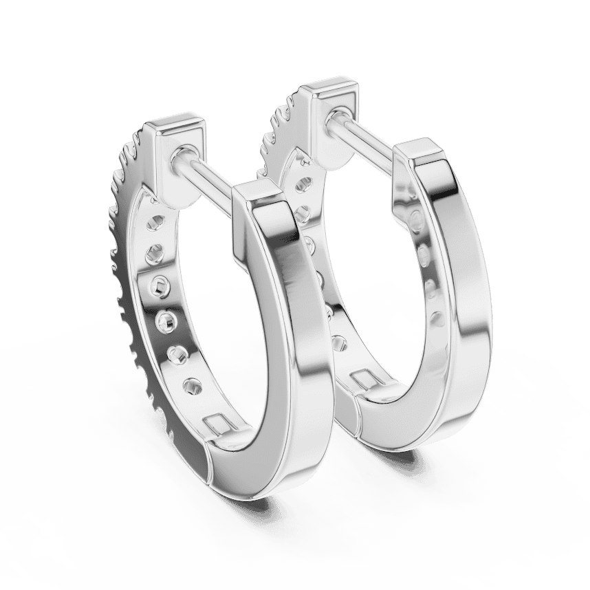 Diamond huggie hoop earrings featuring a row of sparkling round stones with a secure hinged closure by Orova Jewels.