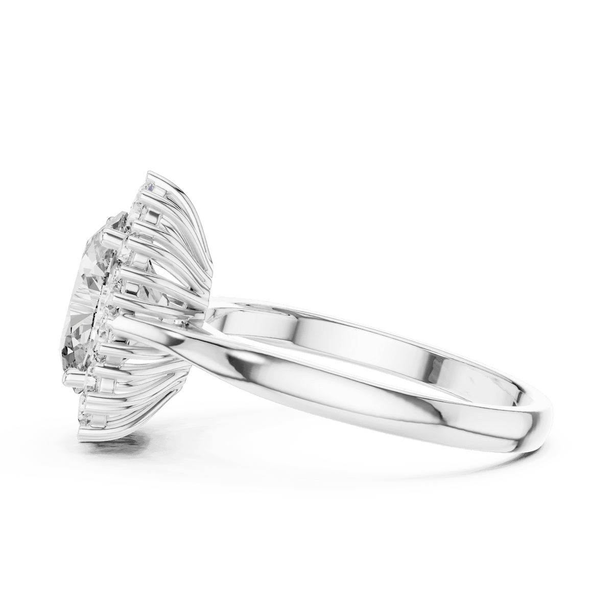 Floral halo solitaire diamond engagement ring featuring a brilliant round-cut center stone surrounded by a sparkling halo in an elegant cathedral-style setting by Orova Jewels.
