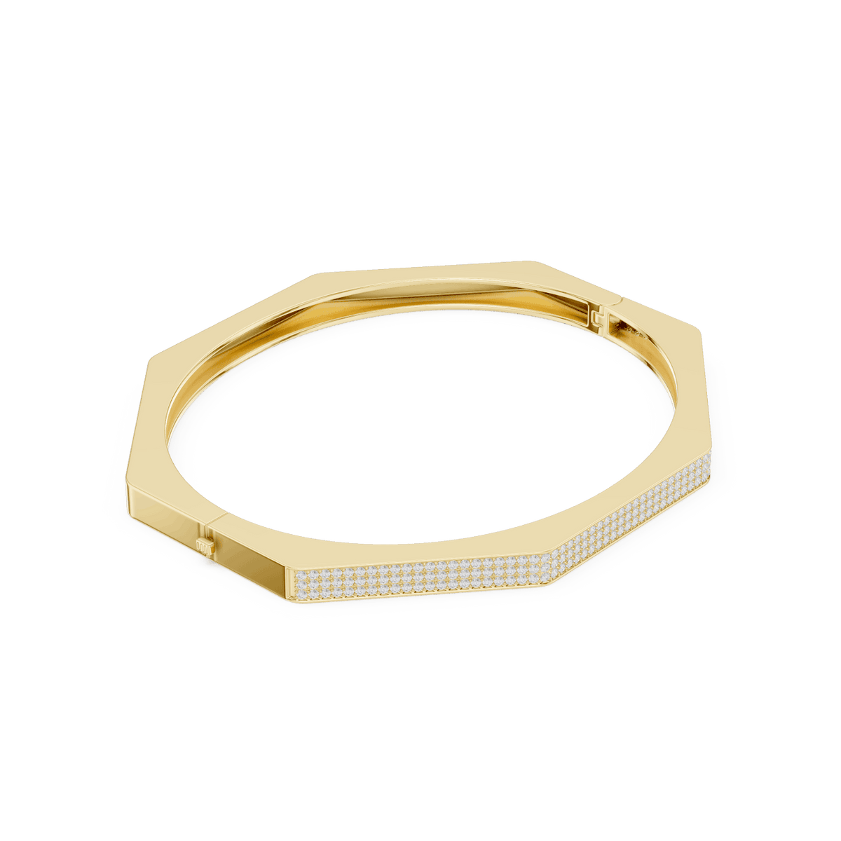 Geometric diamond bangle bracelet featuring a sleek octagonal design with a pavé-set diamond accent panel and polished finish by Orova Jewels.
