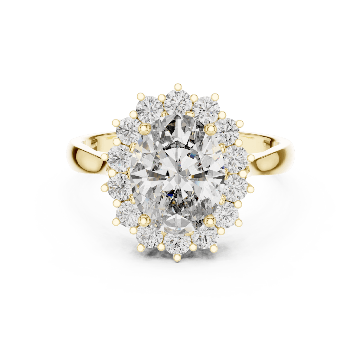Floral halo solitaire diamond engagement ring featuring a brilliant round-cut center stone surrounded by a sparkling halo in an elegant cathedral-style setting by Orova Jewels.