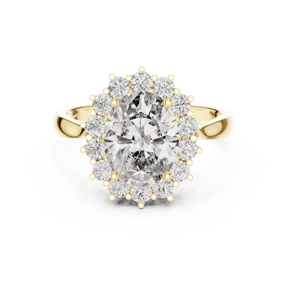 Floral halo solitaire diamond engagement ring featuring a brilliant round-cut center stone surrounded by a sparkling halo in an elegant cathedral-style setting by Orova Jewels.