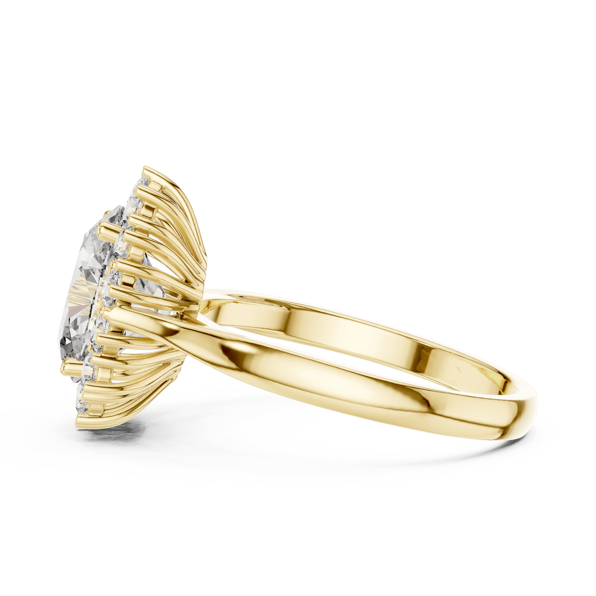 Floral halo solitaire diamond engagement ring featuring a brilliant round-cut center stone surrounded by a sparkling halo in an elegant cathedral-style setting by Orova Jewels.