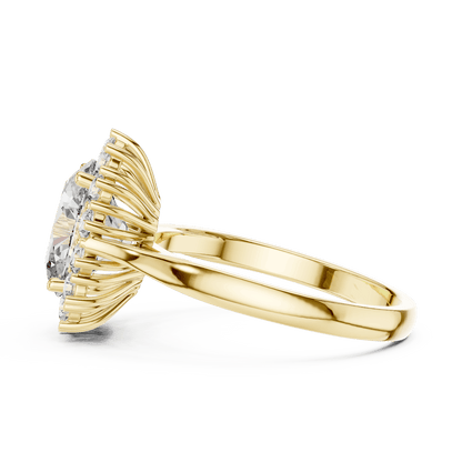 Floral halo solitaire diamond engagement ring featuring a brilliant round-cut center stone surrounded by a sparkling halo in an elegant cathedral-style setting by Orova Jewels.