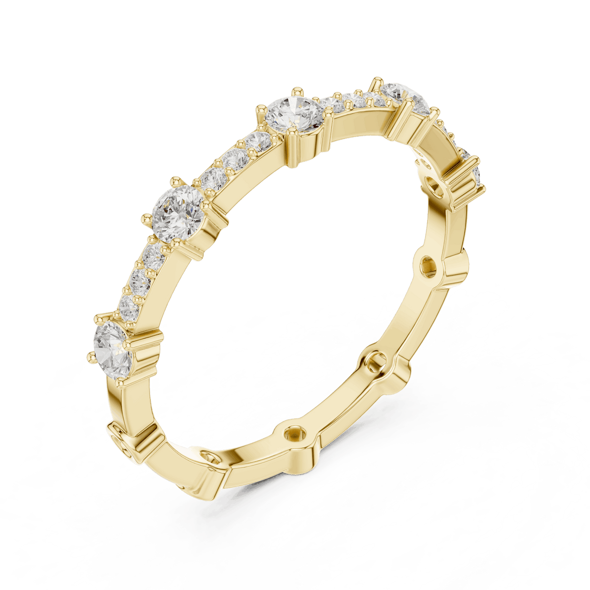 Shared Prong Diamond Eternity Band featuring brilliant round diamonds in a polished half eternity shared-prong setting by Orova Jewels.