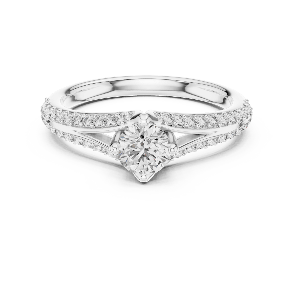 Twisted pavé solitaire diamond ring featuring a round-cut center stone, elegant crossover band, and sparkling pavé-set diamonds by Orova Jewels.