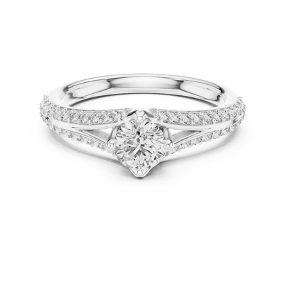 Twisted pavé solitaire diamond ring featuring a round-cut center stone, elegant crossover band, and sparkling pavé-set diamonds by Orova Jewels.