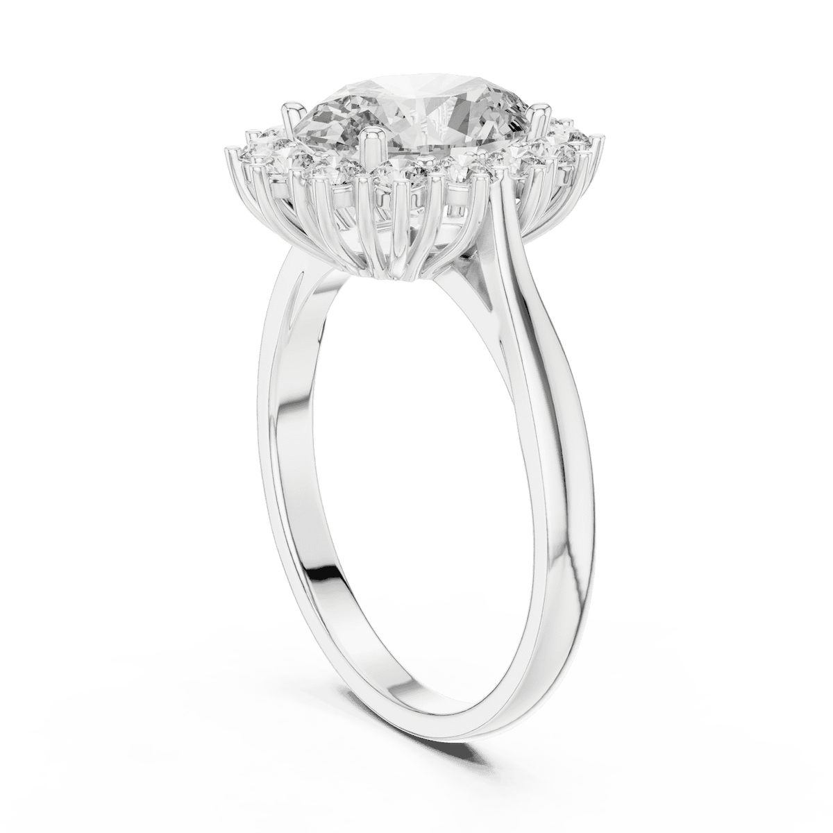 Floral halo solitaire diamond engagement ring featuring a brilliant round-cut center stone surrounded by a sparkling halo in an elegant cathedral-style setting by Orova Jewels.