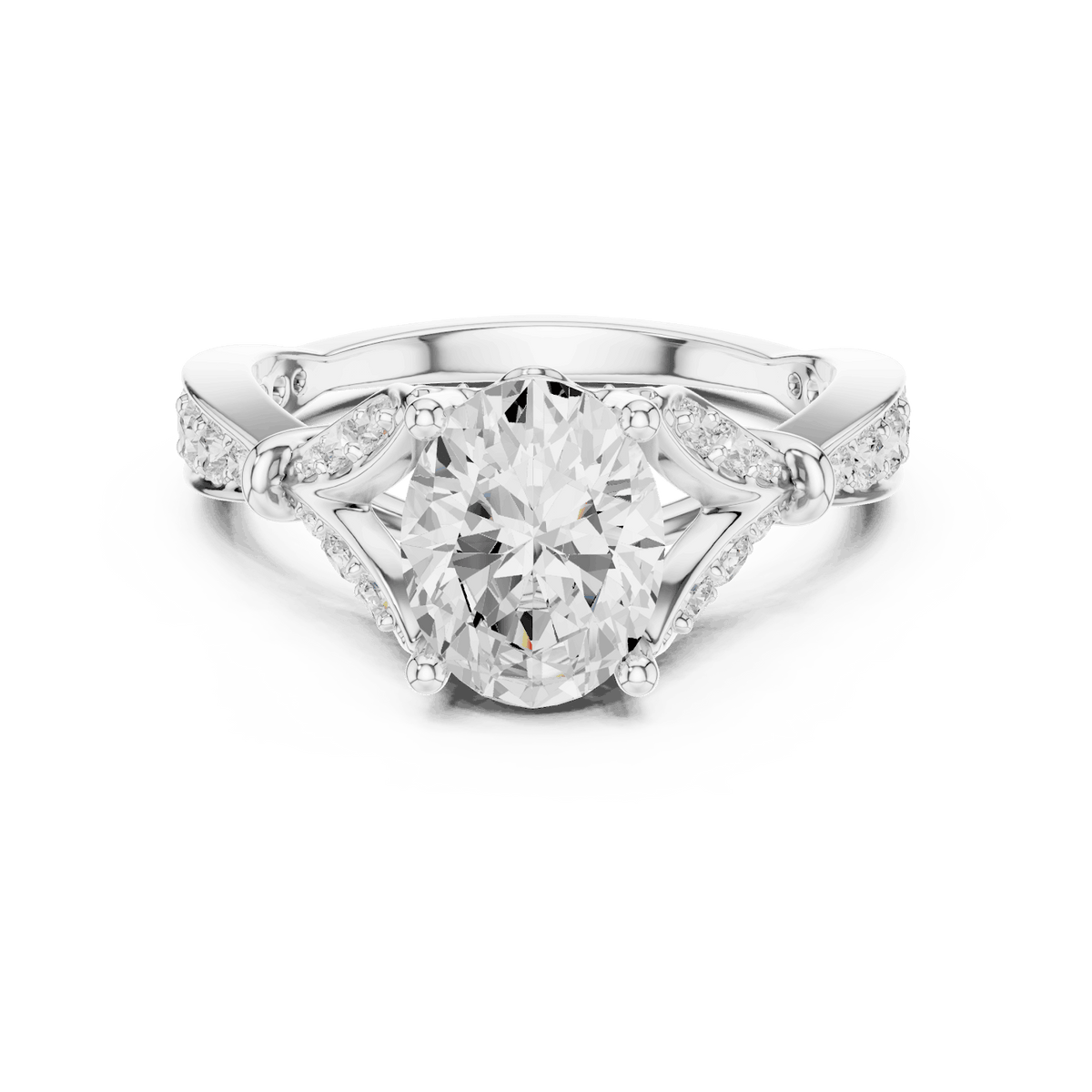 Vintage Leaf Solitaire Diamond Engagement Ring featuring a round brilliant center stone, marquise leaf motifs, and pavé diamond accents on a polished band by Orova Jewels.