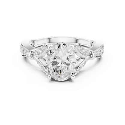 Vintage Leaf Solitaire Diamond Engagement Ring featuring a round brilliant center stone, marquise leaf motifs, and pavé diamond accents on a polished band by Orova Jewels.