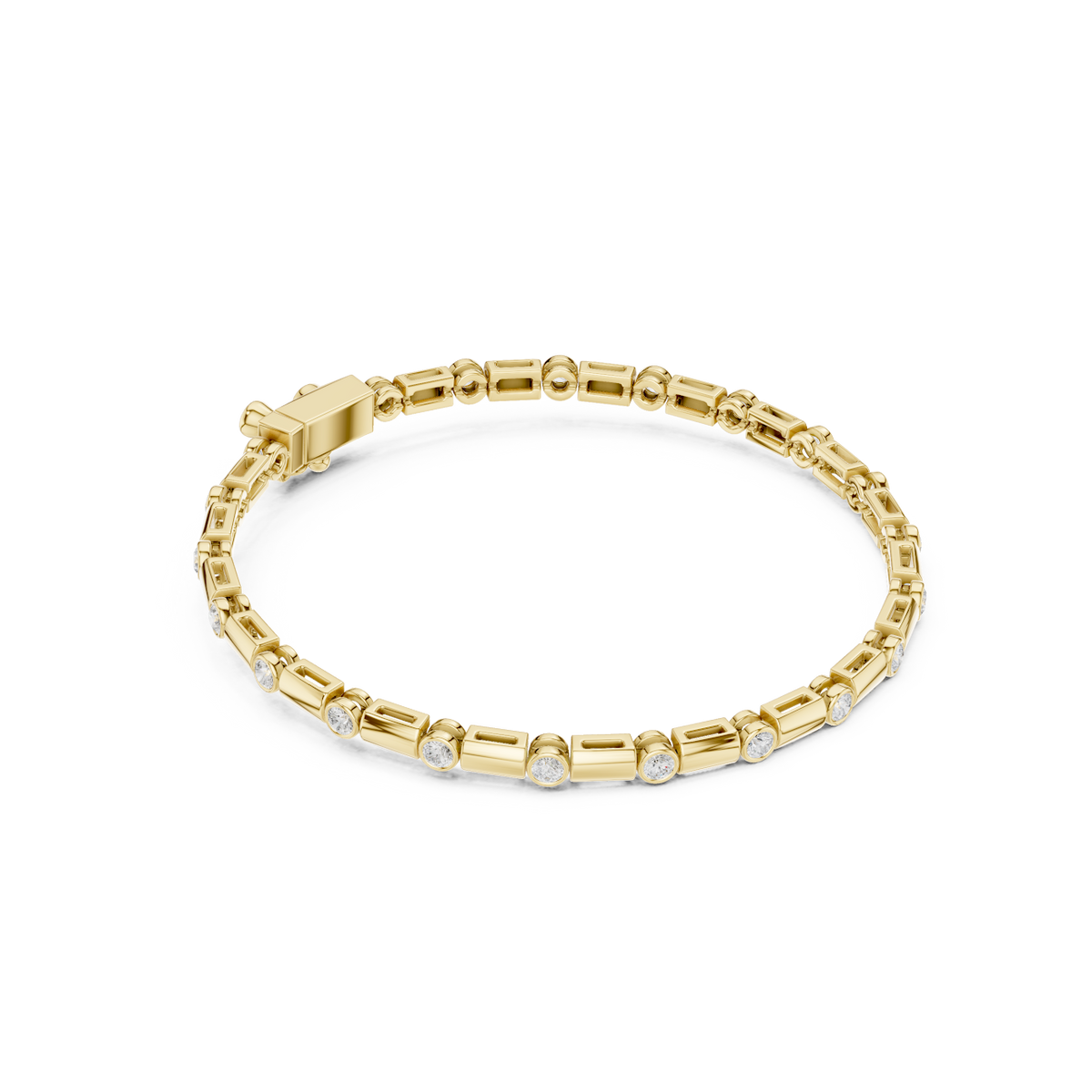 Bezel and baguette diamond tennis bracelet featuring alternating round bezel-set stones and polished baguette links by Orova Jewels.