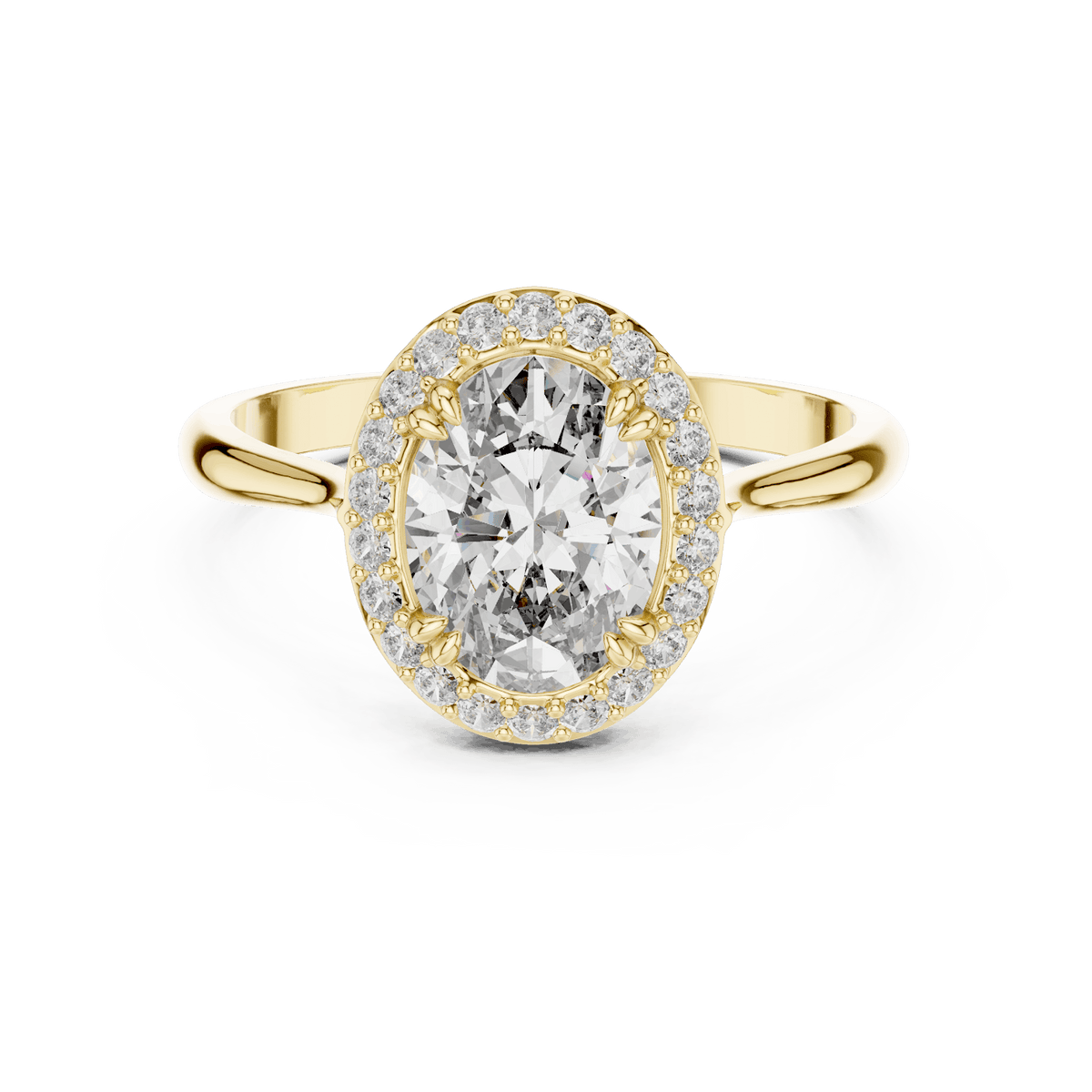 Classic halo diamond engagement ring featuring a brilliant round-cut center stone surrounded by a sparkling halo in a sleek cathedral-style setting by Orova Jewels.