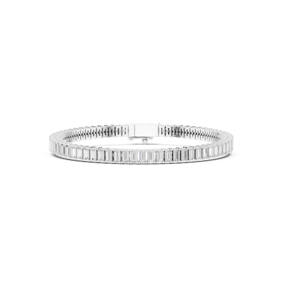 Emerald-cut diamond tennis bracelet featuring a continuous row of sparkling rectangular stones with a secure box clasp by Orova Jewels.