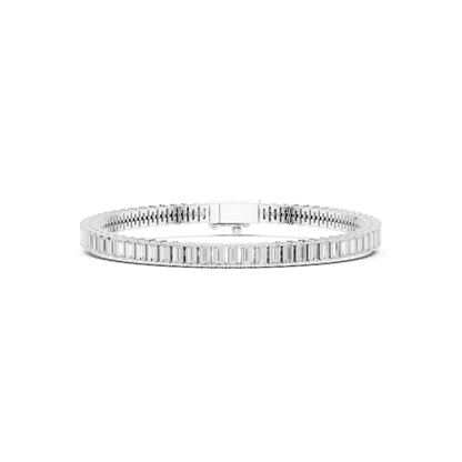 Emerald-cut diamond tennis bracelet featuring a continuous row of sparkling rectangular stones with a secure box clasp by Orova Jewels.