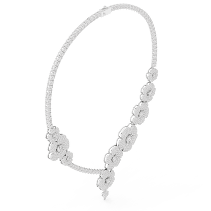 Floral diamond statement necklace featuring sparkling flower motifs and an elegant drop centerpiece by Orova Jewels.