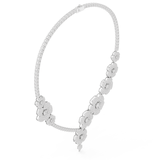 Floral diamond statement necklace featuring sparkling flower motifs and an elegant drop centerpiece by Orova Jewels.