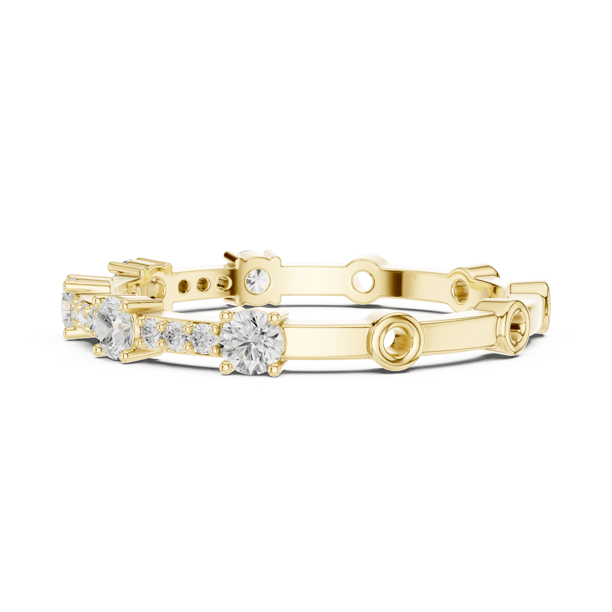 Shared Prong Diamond Eternity Band featuring brilliant round diamonds in a polished half eternity shared-prong setting by Orova Jewels.